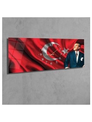 Mustafa Kemal Atatürk ve Türk Bayrağı Yatay Ortadan Saatli Vatan Temalı Cam Tablo 092