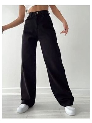 Pubi Palazzo Siyah Solmaz Yüksek Bel Esnek Bol Paça Kot Pantolon 32 Beden Trend Model