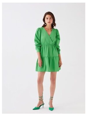 Lcw Vision Yeşil Kruvaze Yaka Düz Uzun Kollu Poplin Kadın Elbise
