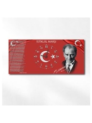 Atatürk ve Istiklal Marşı Yatay Ortadan Saatli Vatan Temalı Cam Tablo 012