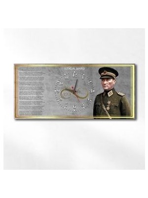 Atatürk ve Istiklal Marşı Yatay Ortadan Saatli Vatan Temalı Cam Tablo 034