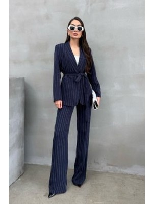 Kadın Ikili Takım Çizgili Kuşaklı Blazer Ceket Pantolon Takım