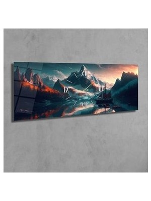 Dağ ve Içinde Gemi Olan Göl Manzaralı Yatay Ortadan Saatli Sanat ve Doğa Temalı Cam Tablo 106