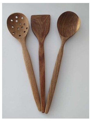 El Yapımı Zeytin Desenli Şimşir Sağlamlığında Ceviz Ağacı Kaşık Seti 3' Lü