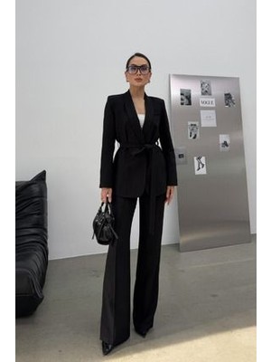 Kadın Ikili Kuşaklı Blazer Ceket Pantolon Takım