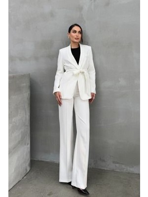 Kadın Ikili Kuşaklı Blazer Ceket Pantolon Takım