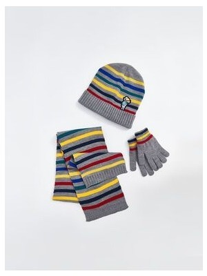 Çizgi Desenli Erkek Çocuk Atkı Bere ve Eldiven