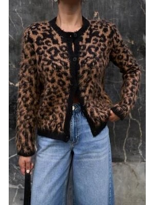Kahve-Siyah Leopar Desenli Hırka