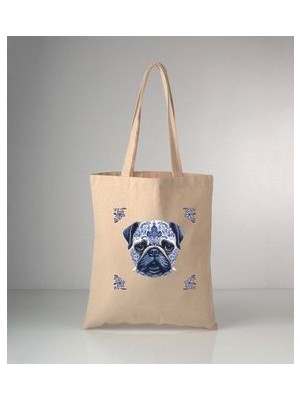 Özel Seri Delft Blue Köpek Baskılı Ham Bez Omuz Çantası