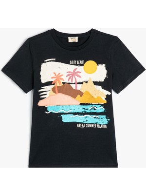 Koton Tişört Tropik Baskılı Kısa Kollu Bisiklet Yaka Pamuklu