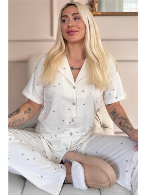 Pijama Evi Ekru Twilight Glow Desenli Bambu Önden Düğmeli Kısa Kol Pijama Takımı