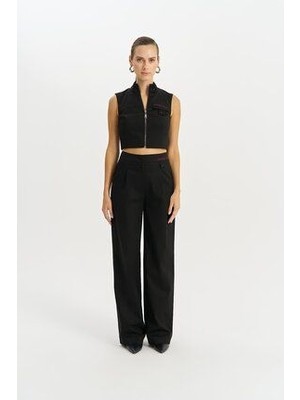 Kadın Yüksek Bel Rahat Kesim Pileli Geniş Paça Siyah Pantolon NAAR91231-SİYAH