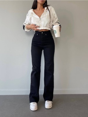 ByCukurovaFrango Chriss Kadın Salaş Solmayan Siyah Süper Yüksek Bel 90's Wide Leg Comfort Likralı Palazzo