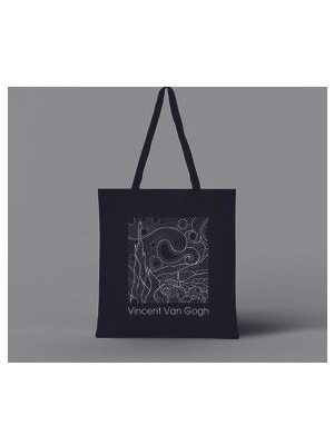 Van Gogh Yıldızlı Geceler Baskılı Ham Bez Siyah Omuz Çantası