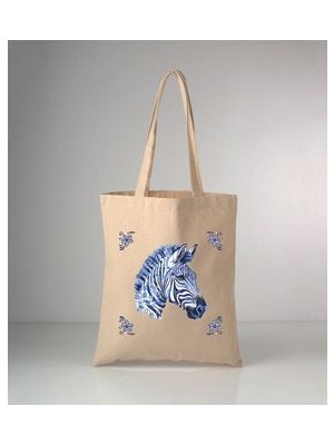 Özel Seri Delft Blue Zebra Baskılı Ham Bez Omuz Çantası