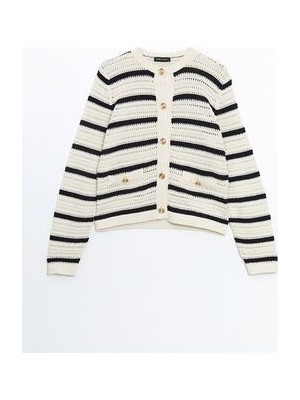 Lcw Modest Lacivert Bisiklet Yaka Çizgili Kadın Triko Hırka