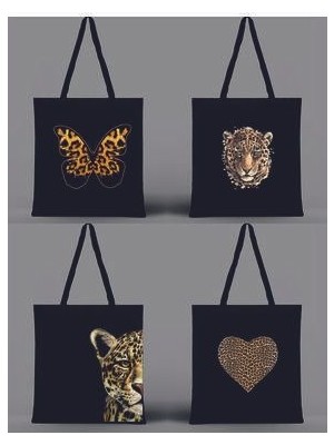 4 Adet Leopar Desenli  Baskılı Ham Bez 35X40 Siyah Omuz Çantası