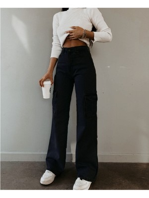 ByCukurovaFrango Kadın Yüksek Bel Siyah Likralı Salaş Jeans Esnek Palazzo Kot Pantolon