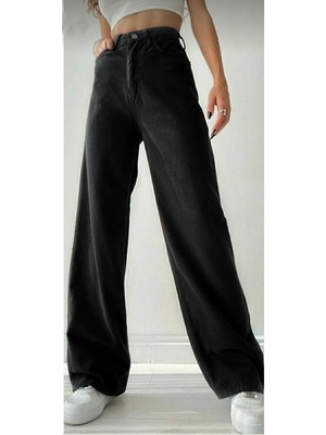 ByCukurovaFrango Yüksek Bel Siyah Kot Pantolon Siyah Salaş Jeans Likralı Esnek Palazzo