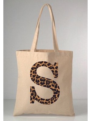 Leopar Desenli S Harfi Baskılı Ham Bez 35X40 Ekru Omuz Çantası