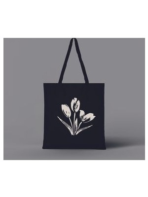 Laleler Baskılı Ham Bez Siyah Omuz Çantası