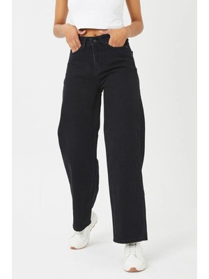 ByCukurovaFrango Daniella Solmaz Simsiyah Extra Yüksek Bel Likralı Palazzo Salaş Jean Pantolon 2024