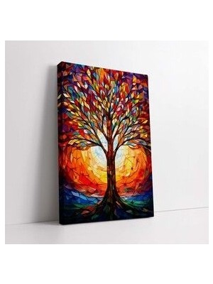 Mozaik Desenli Renkli Hayat Ağacı Dekoratif Kanvas Tablo, Ofis Salon Antre Için Soyut Ağaç Tablosu