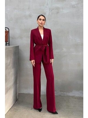 Kadın Ikili Kuşaklı Blazer Ceket Pantolon Takım