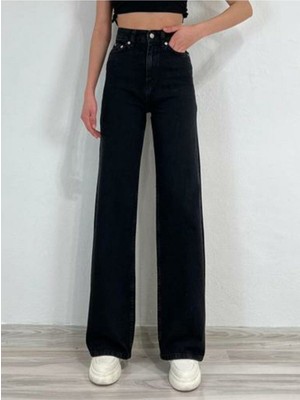 ByCukurovaFrango Leo Penelope Alessia Likralı Kadın Siyah Süper Yüksek Bel Salaş Paça Denim Kot Palazzo Pantolon