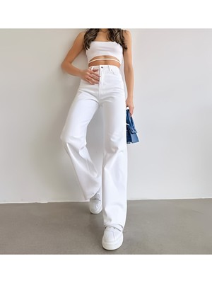 ByCukurovaFrango Kadın Beyaz Palazzo Kot Pantolon %100 Pamuk Jeans