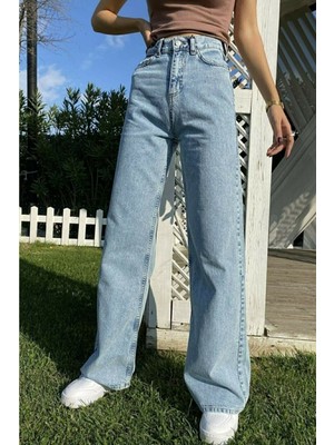 ByCukurovaFrango 90's Kar Yıkama Mavi Likralı Süper Yüksek Bel Salaş Jeans Palazzo Pantolon