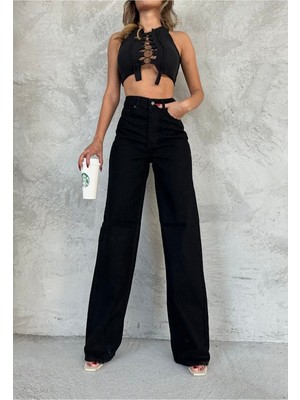 ByCukurovaFrango Leo Penelope Chriss Kadın Salaş Solmayan Siyah Süper Yüksek Bel 90's Wide Leg Comfort Likralı