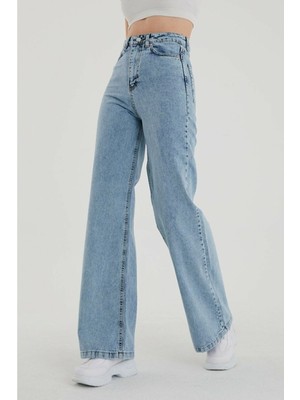 ByCukurovaFrango Zero Max Kadın Kar Yıkama Mavi Likralı Süper Yüksek Bel Salaş Jeans Palazzo Pantolon