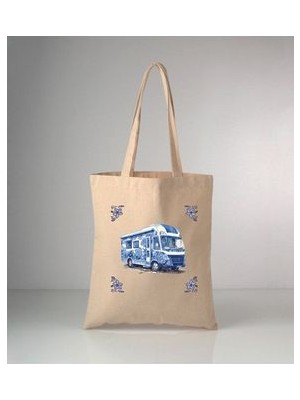 Özel Seri Delft Blue Karavan Baskılı Ham Bez Omuz Çantası
