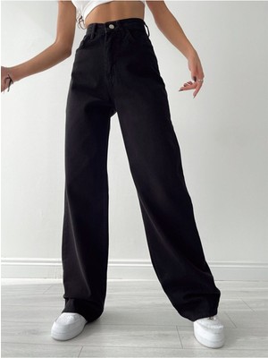 ByCukurovaFrango Leo Penelope Lussi Power Likralı Kadın Siyah Yüksek Bel Salaş Paça Salaş Jans Kot Pantolon