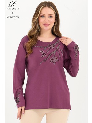 Kadın Orta Yaş ve Üzeri Viskon Renkli Yaprak Desenli Taşlı Işlemeli Likralı Pembe Anne Penye Bluz