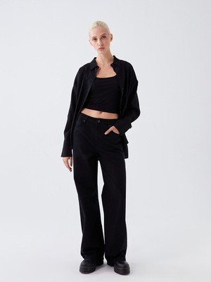 ByCukurovaFrango Nelson Fex Likralı Kadın Siyah Yüksek Bel Bol Paça Salaş Jans Kot Pantolon (Yeni Sezon)