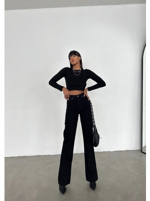 ByCukurovaFrango Kadın Denim Yüksek Bel Düğmeli Geniş Paçalı Siyah Jeans