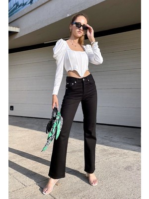 ByCukurovaFrango Jnx Power Likralı Kadın Siyah Yüksek Bel Salaş Paça Salaş Jans Kot Pantolon 2024