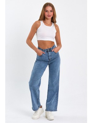 ByCukurovaFrango Indiana 90's Kar Yıkama Mavi Likralı Süper Yüksek Bel Wide Leg Salaş Jeans Palazzo Pantolon