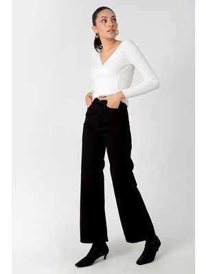 ByCukurovaFrango Kadın Yüksek Bel Siyah Palazzo Jeans Likralı Esnek Kot Pantolon