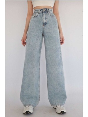 ByCukurovaFrango Benjamin Floara Kar Yıkama Mavi Likralı Süper Yüksek Bel Salaş Jeans Palazzo Pantolon