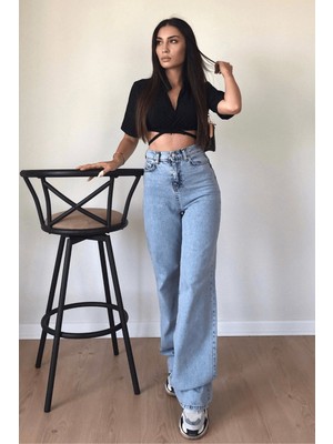 ByCukurovaFrango Mandy x Koyu Mavi Kar Yıkama Salaş Palazzo Wideleg Jean Power Likra Kadın Yüksek Bel