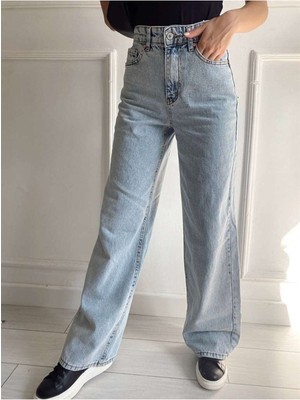 ByCukurovaFrango Follow 90's Kar Yıkama Mavi Likralı Süper Yüksek Bel Salaş Jeans Palazzo Pantolon