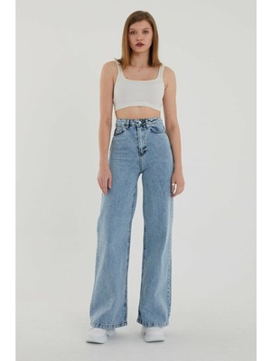 ByCukurovaFrango Zero Max New Star Solmaz Mavi Kar Likralı Bol Paça Jean - Salaş Wide Leg Kot Pantolon