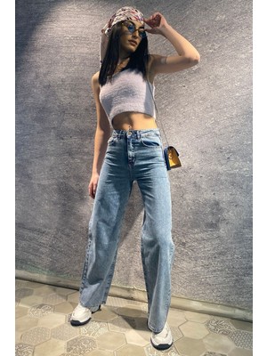 ByCukurovaFrango Zero Max Delpotro Likralı Kadın Mavi Orta Kar Süper Yüksek Bel Salaş Paça Denim Kot Salaş Pantolon