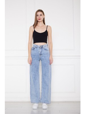 ByCukurovaFrango Penolope Kadın Kadın Yüksek Bel Mavi Geniş ve Bol Paça Jean R'c Jeans