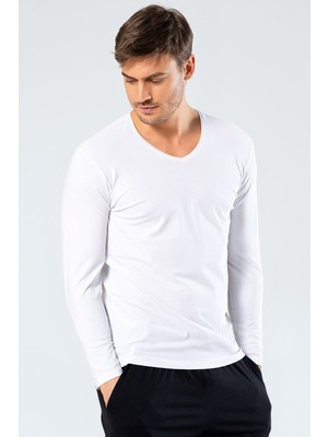 Cacharel Erkek V Yaka Uzun Kollu T-Shirt 1334/BEYAZ