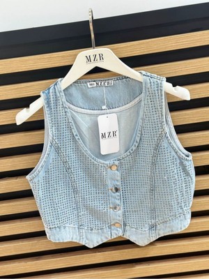 Qimya Butik Mzr Collection Önü Tamamen Zımbalı Kısa Kot Yelek