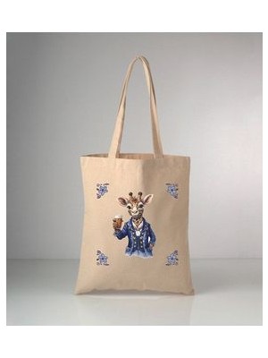 Özel Seri Delft Blue Zürafa Baskılı Ham Bez Omuz Çantası